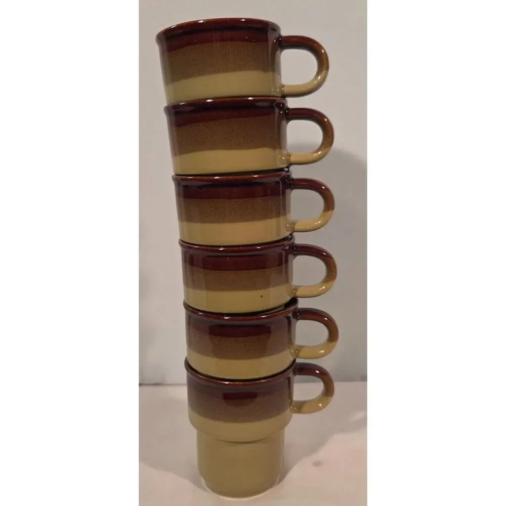 Vintage Studio Pottery Coffee Mugs Set of 6 Brown Drip Glaze
